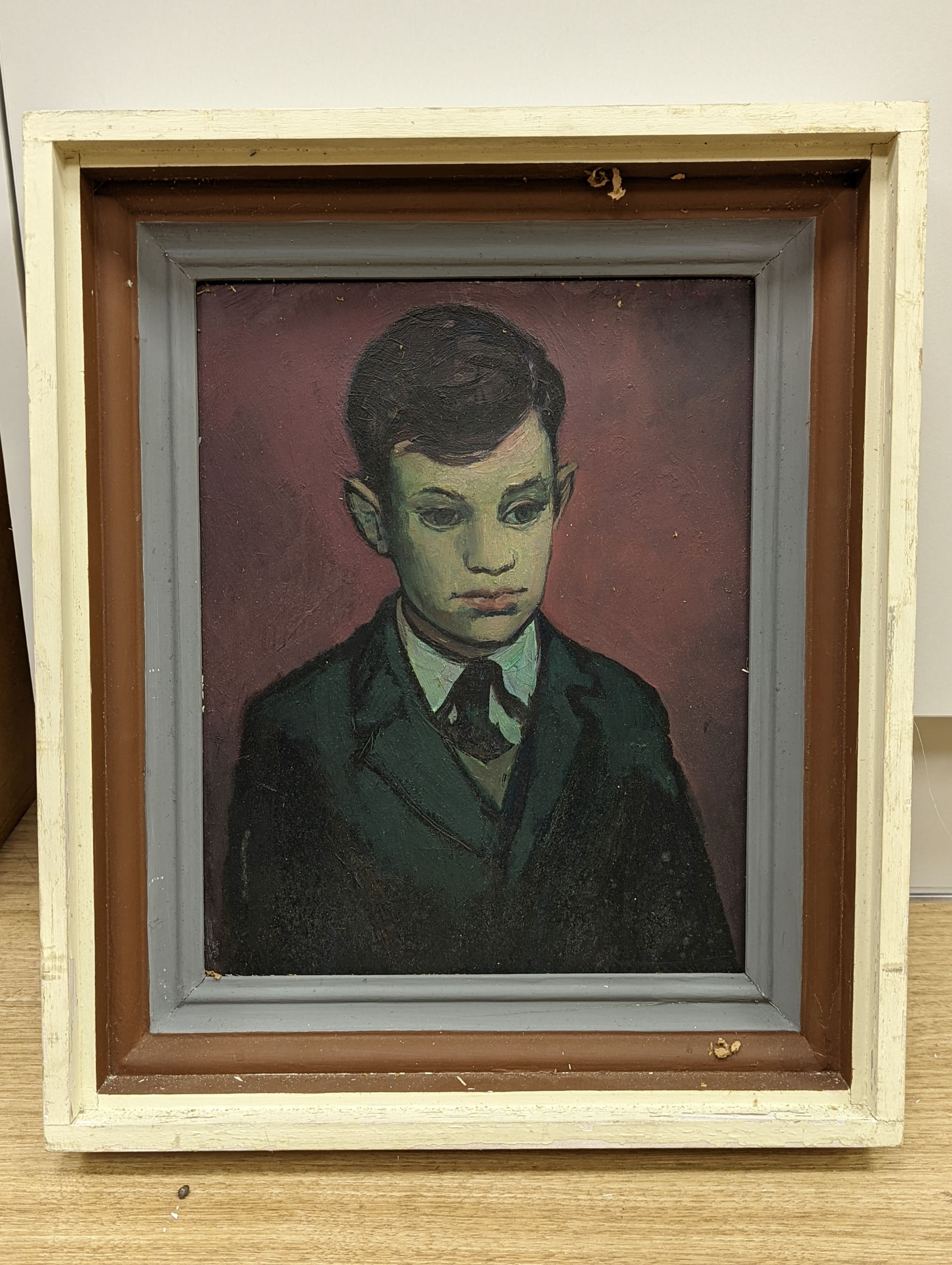 Modern British, oil on board, Portrait of a school boy, 32 x 25cm